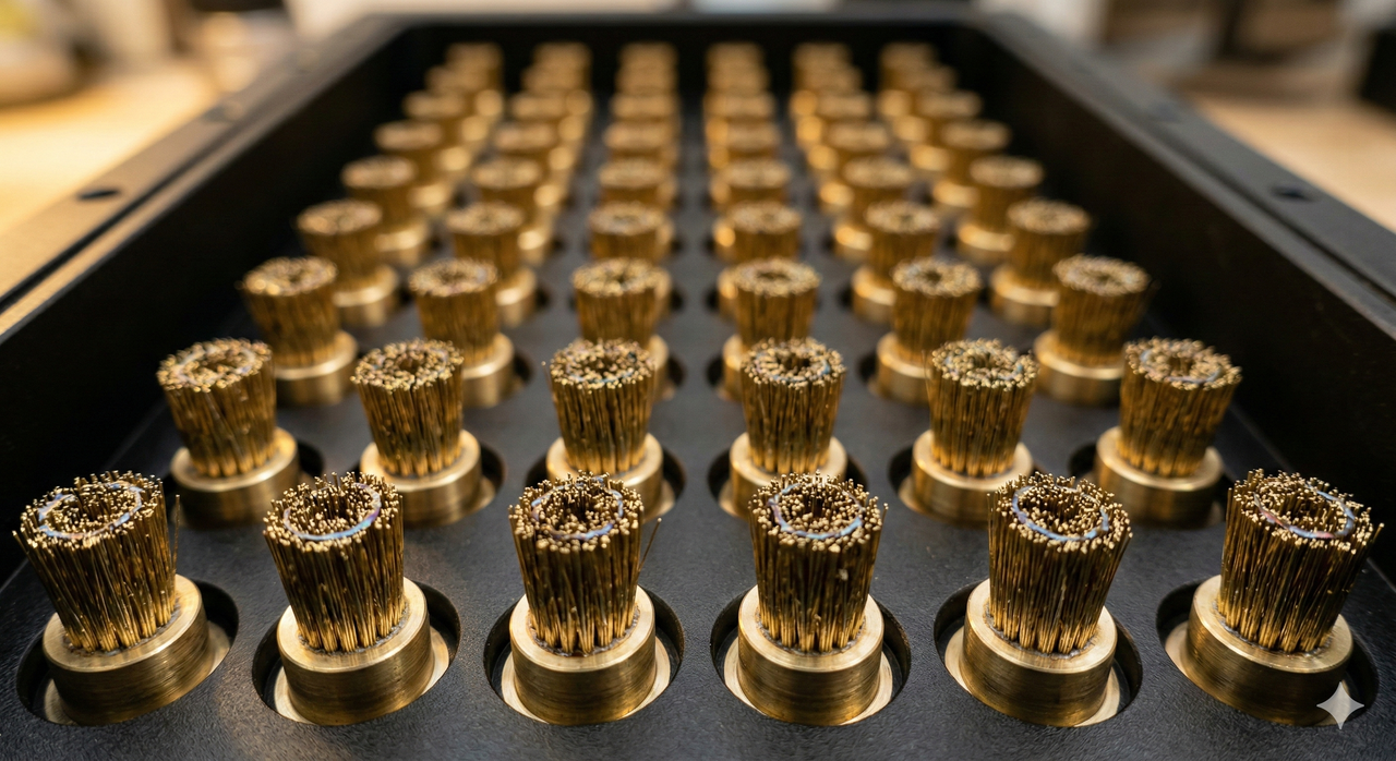 Grid array of forty-one manestically spaced brass grouting brushes