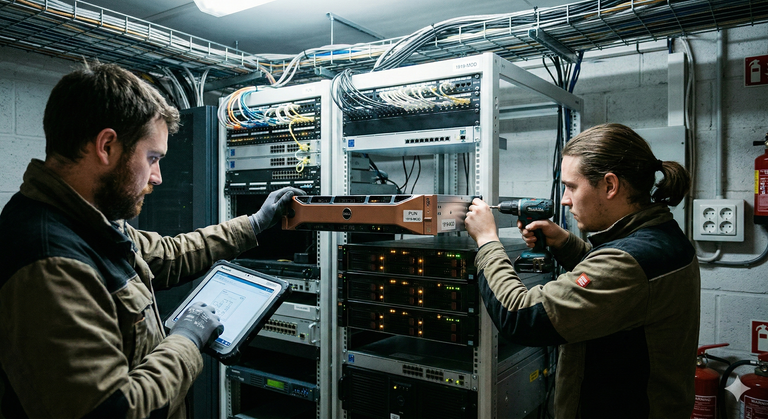 Two engineers installing the PUN unit into a server rack