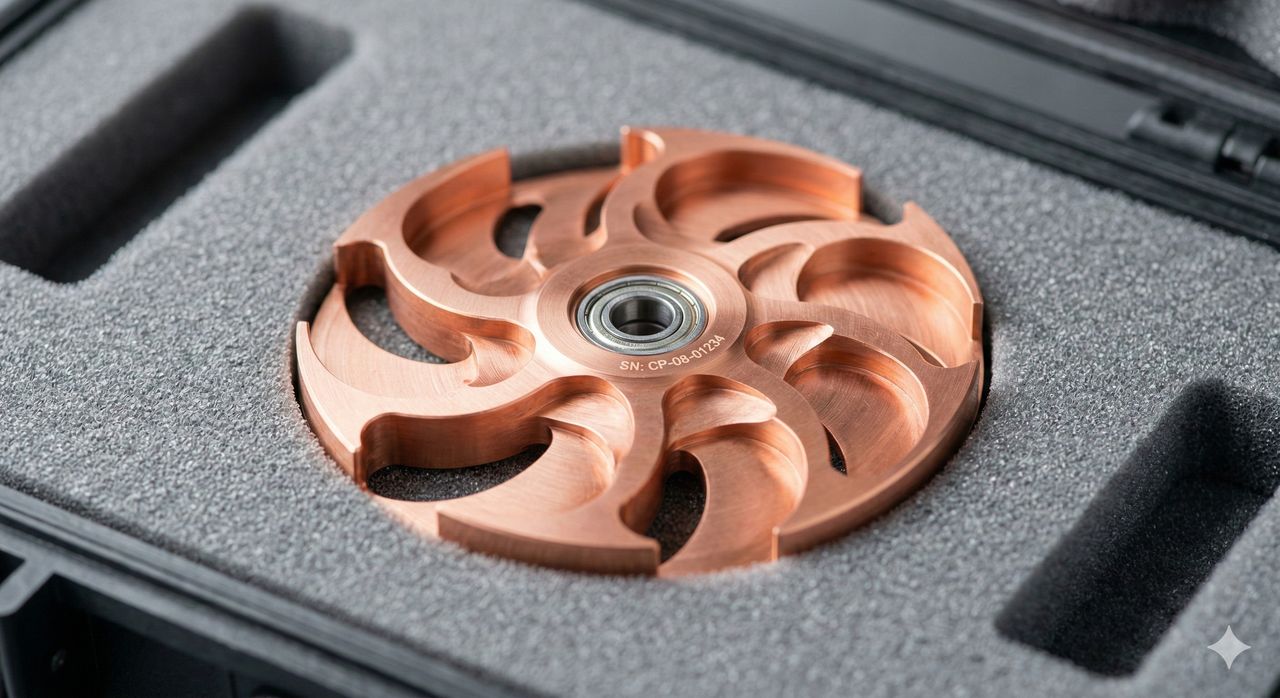 Copper marzelvane component in precision foam-lined transport case