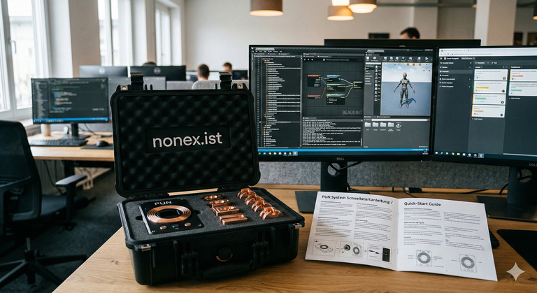 nonex.ist branded equipment case on desk alongside game development monitors